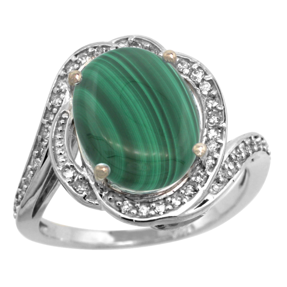 14k White Gold Diamond 0.3ct Genuine Malachite Bypass Ring 12x10mm Oval 11/16 inch wide, size 5-10