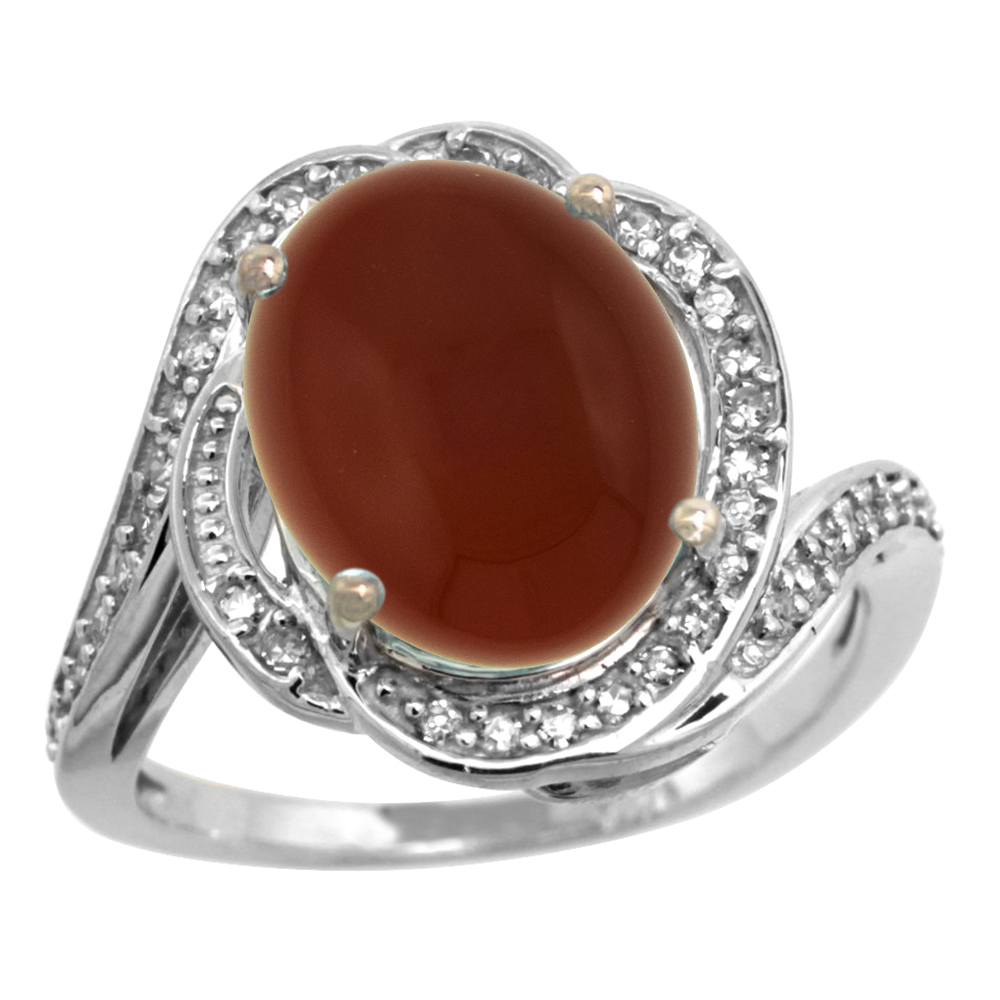 14k White Gold Diamond 0.3ct Genuine Brown Agate Bypass Ring 12x10mm Oval 11/16 inch wide, size 5-10