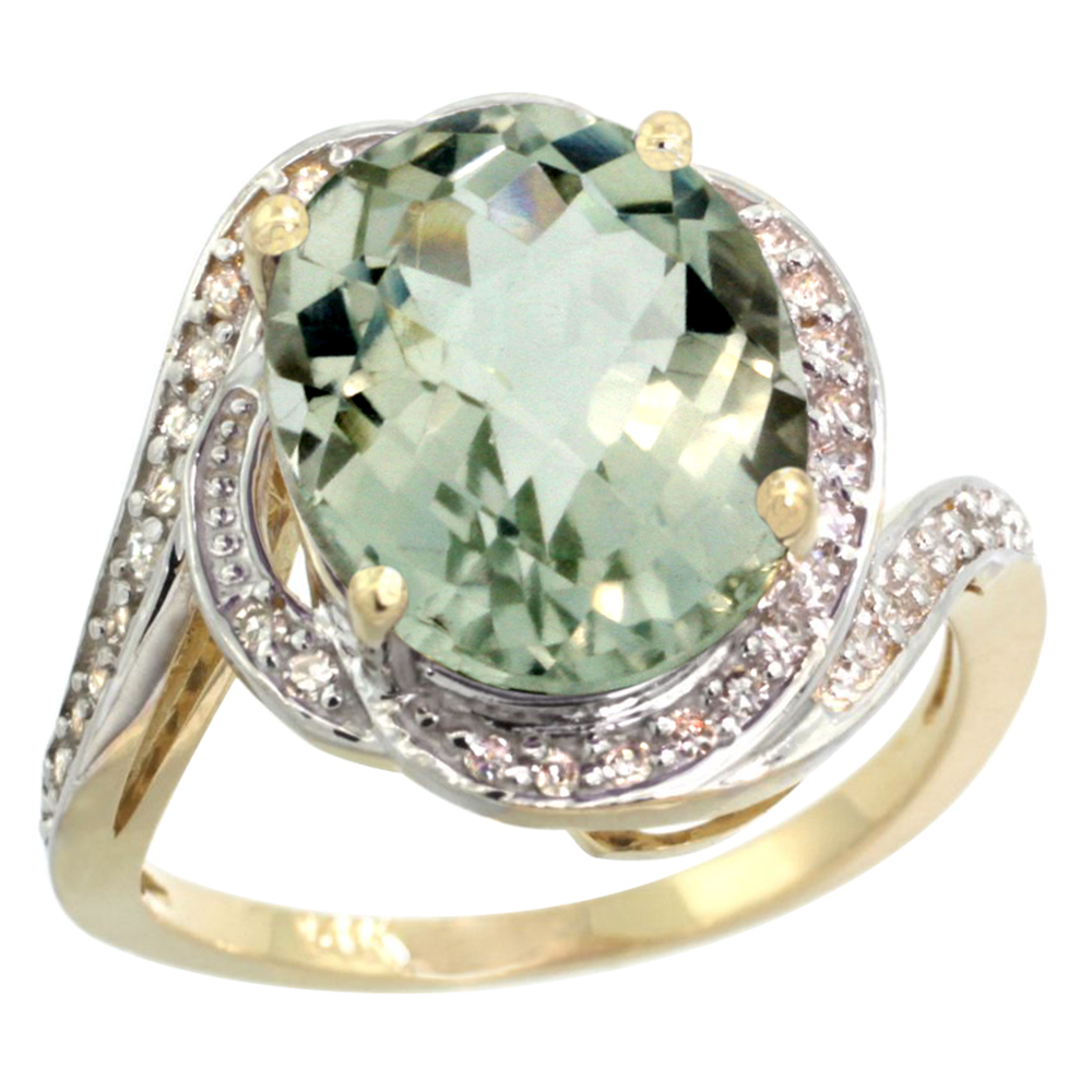 14k Yellow Gold Diamond 0.3ct Genuine Green Amethyst Bypass Ring 12x10mm Oval 11/16 inch wide, size 5-10