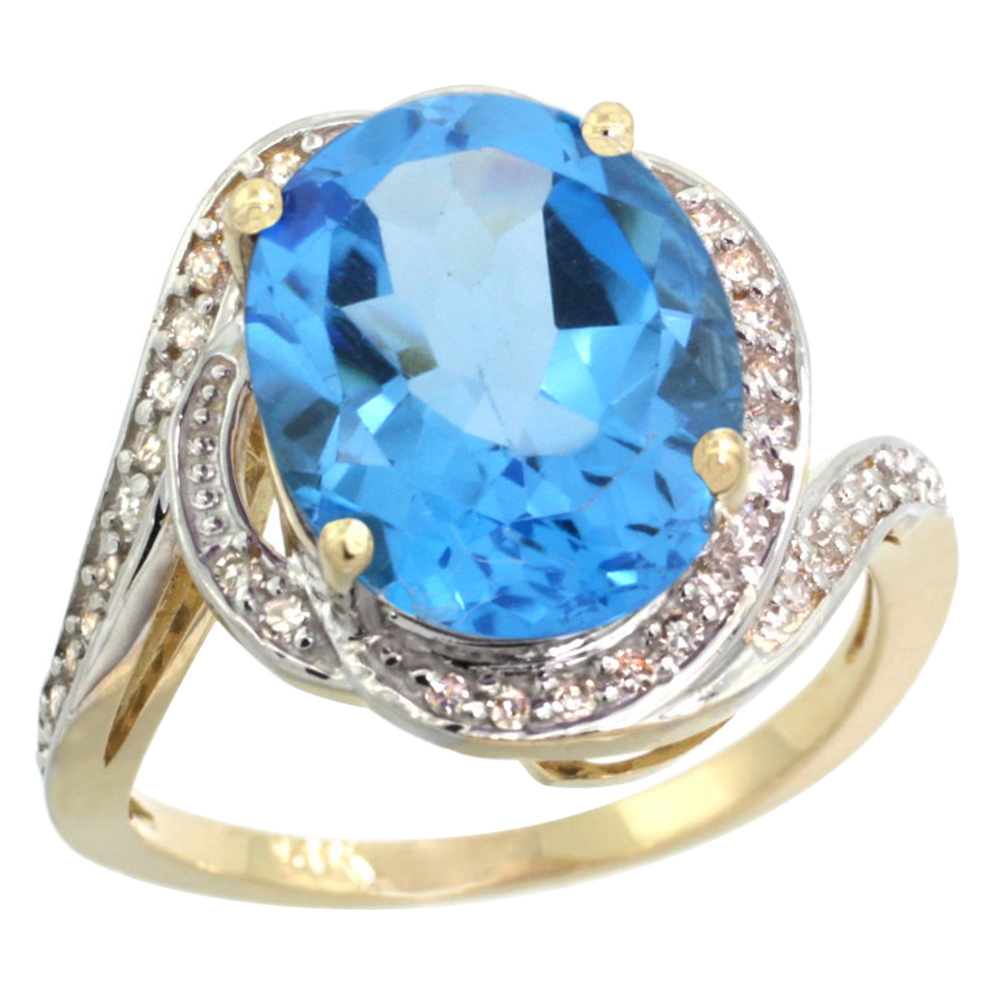 14k Yellow Gold Diamond 0.3ct Genuine Swiss Blue Topaz Bypass Ring 12x10mm Oval 11/16 inch wide, size5-10