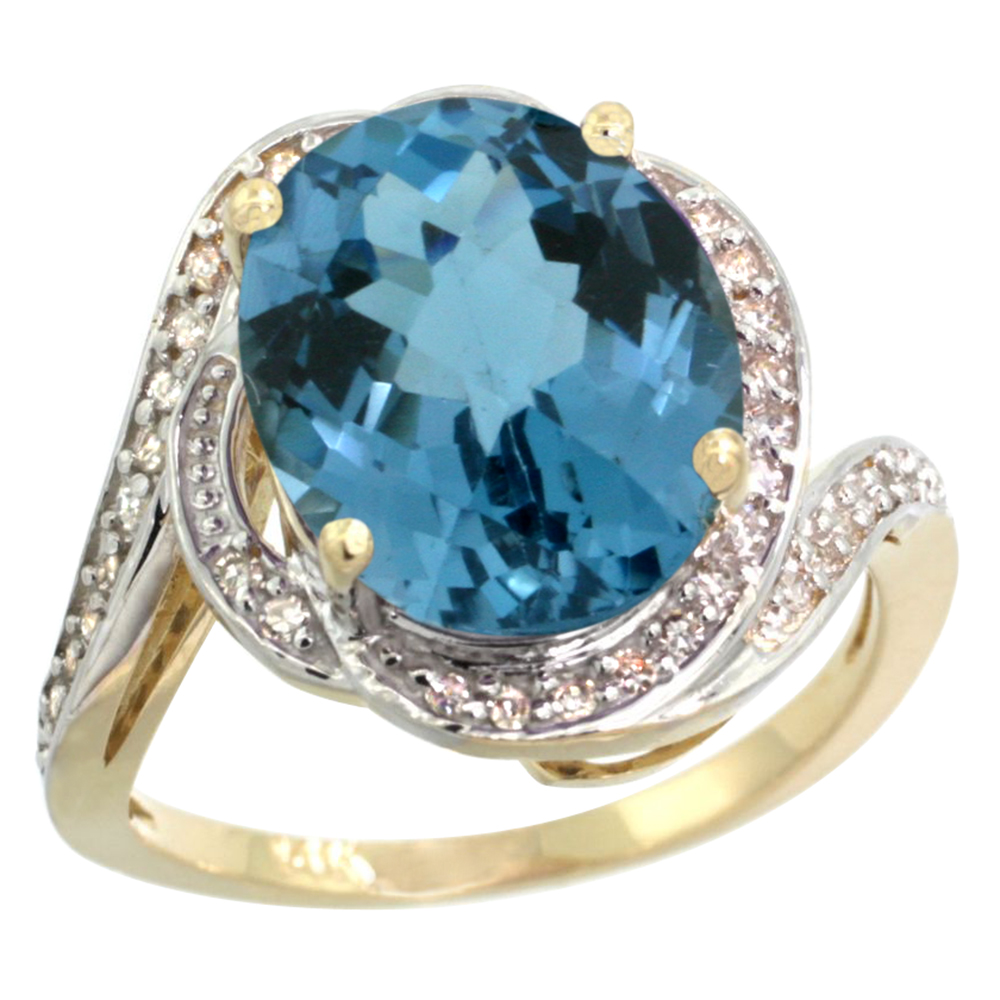 14k Yellow Gold Diamond 0.3ct Genuine London Blue Topaz Bypass Ring 12x10mm Oval 11/16 inch, size 5-10
