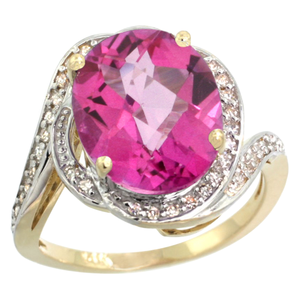14k Yellow Gold Diamond 0.3ct Genuine Pink Topaz Bypass Ring 12x10mm Oval 11/16 inch wide, size 5-10