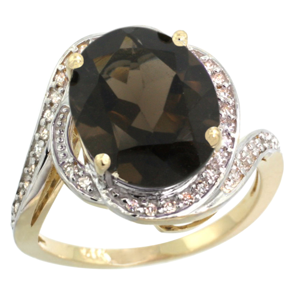 14k Yellow Gold Diamond 0.3ct Genuine Smoky Topaz Bypass Ring 12x10mm Oval 11/16 inch wide, size 5-10