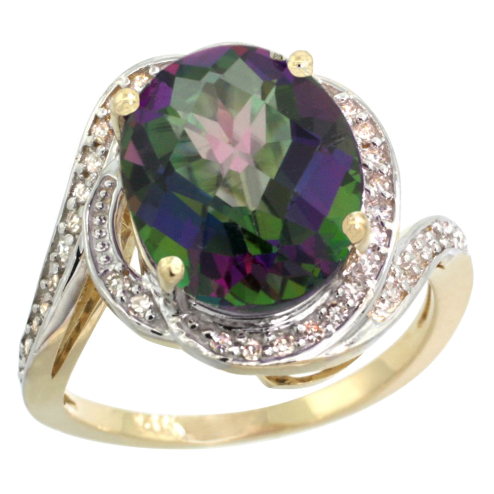 14k Yellow Gold Diamond 0.3ct Genuine Mystic Topaz Bypass Ring 12x10mm Oval 11/16 inch wide, size 5-10
