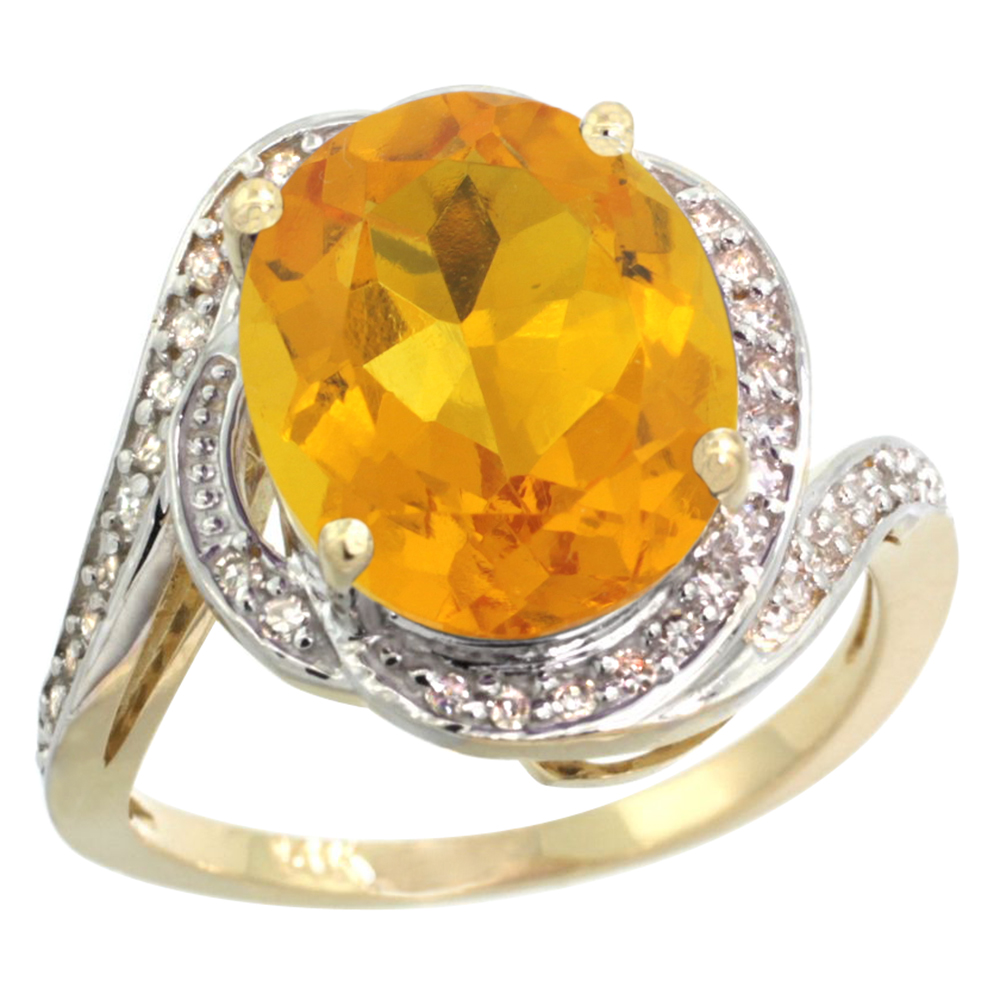 14k Yellow Gold Diamond 0.3ct Genuine Citrine Bypass Ring 12x10mm Oval 11/16 inch wide, size 5-10