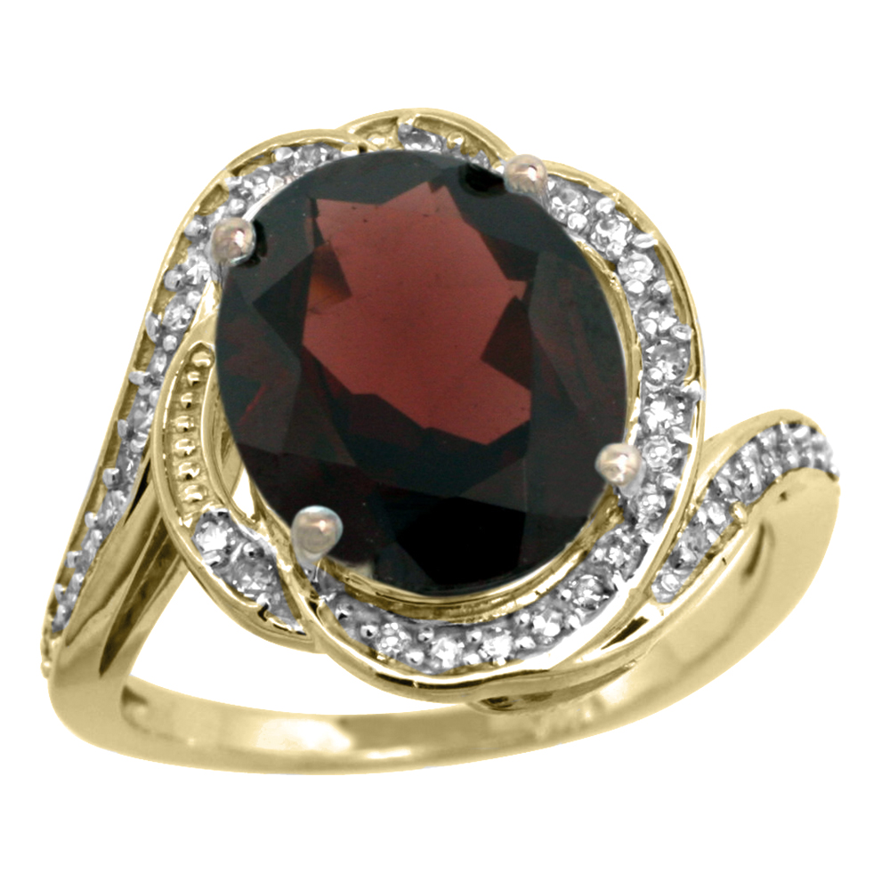 14k Yellow Gold Diamond 0.3ct Genuine Garnet Bypass Ring 12x10mm Oval 11/16 inch wide, size 5-10