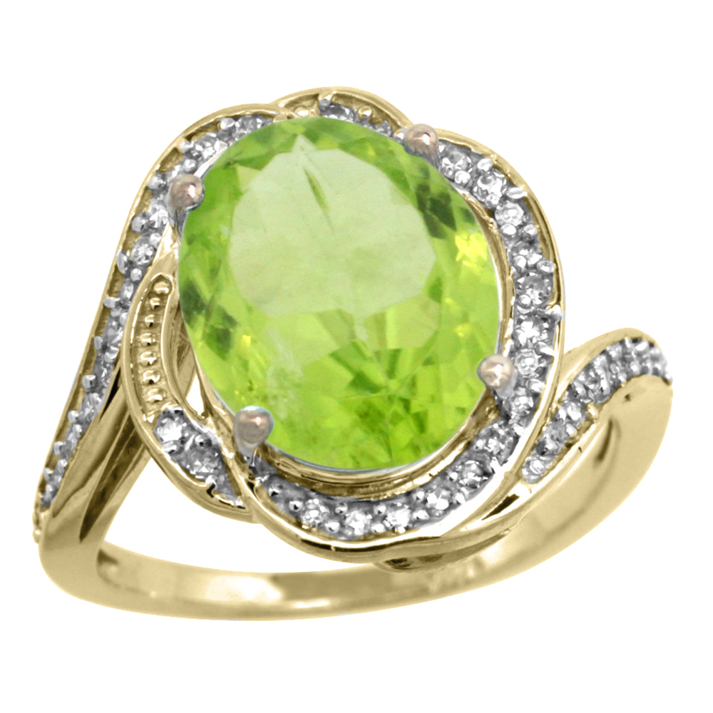 14k Yellow Gold Diamond 0.3ct Genuine Peridot Bypass Ring 12x10mm Oval 11/16 inch wide, size 5-10