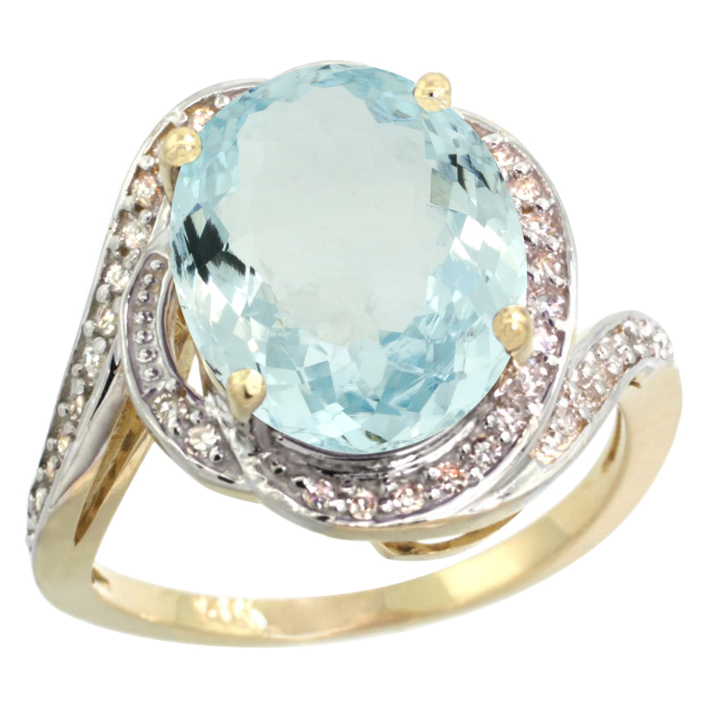 14k Yellow Gold Diamond 0.3ct Genuine Aquamarine Bypass Ring 12x10mm Oval 11/16 inch wide, size 5-10