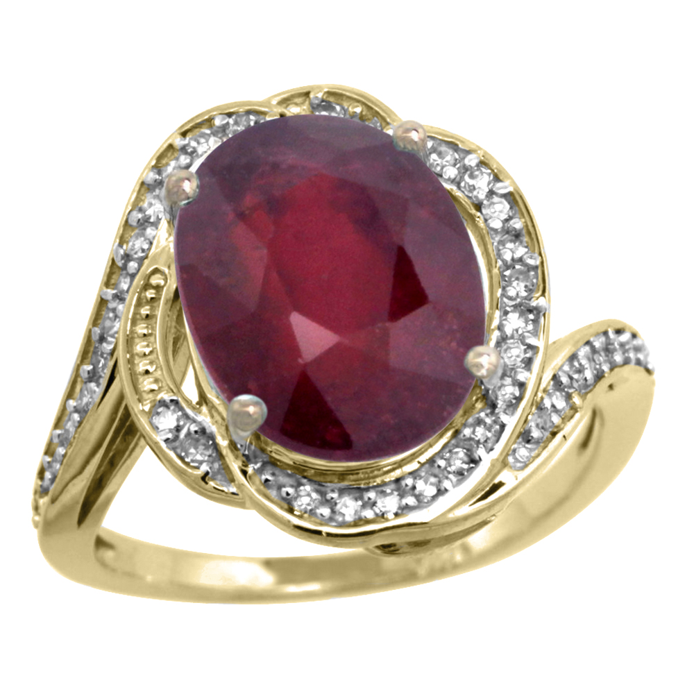 14k Yellow Gold Diamond 0.3ct Enhanced Genuine Ruby Bypass Ring 12x10mm Oval 11/16 inch wide, size 5-10