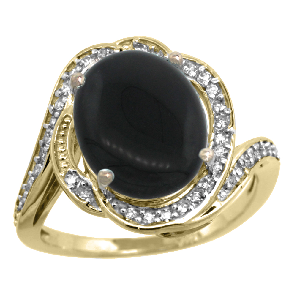 14k Yellow Gold Diamond 0.3ct Genuine Black Onyx Bypass Ring 12x10mm Oval 11/16 inch wide, size 5-10