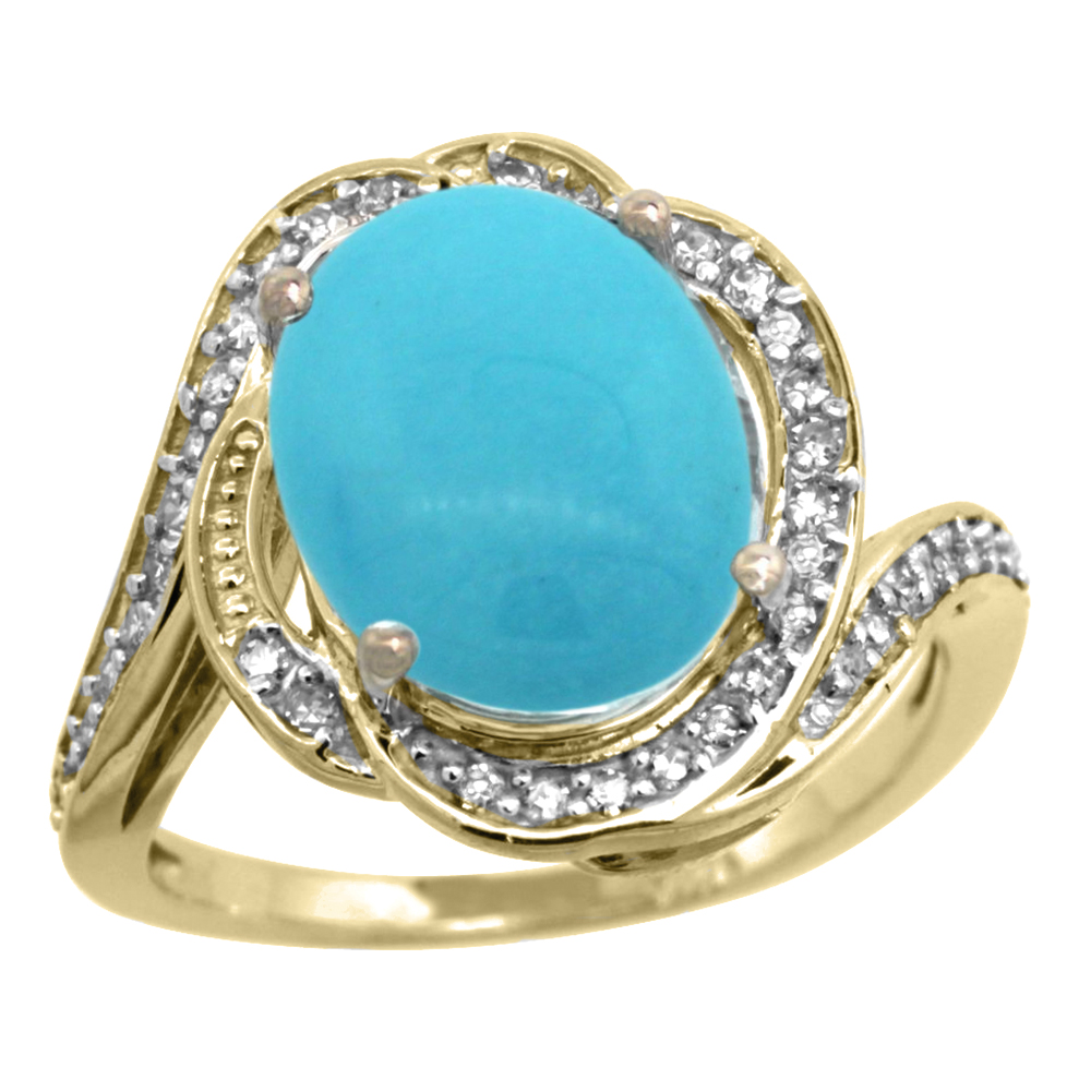 14k Yellow Gold Diamond 0.3ct Genuine Turquoise Bypass Ring 12x10mm Oval 11/16 inch wide, size 5-10