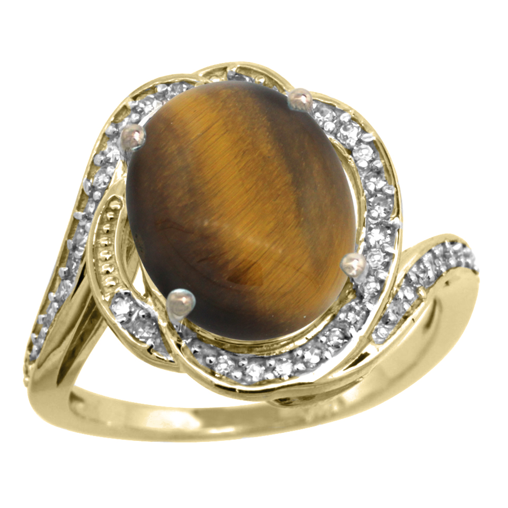 14k Yellow Gold Diamond 0.3ct Genuine Tiger Eye Bypass Ring 12x10mm Oval 11/16 inch wide, size 5-10