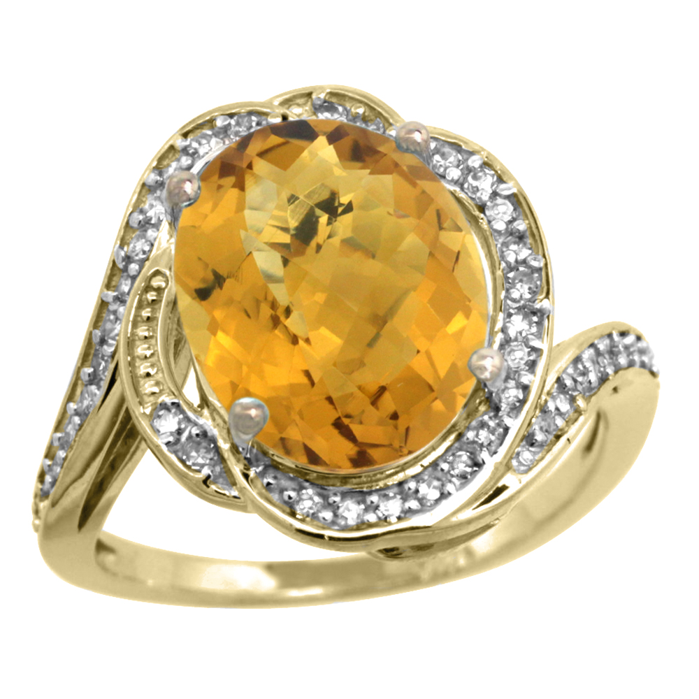 14k Yellow Gold Diamond 0.3ct Genuine Whisky Quartz Bypass Ring 12x10mm Oval 11/16 inch wide, size 5-10