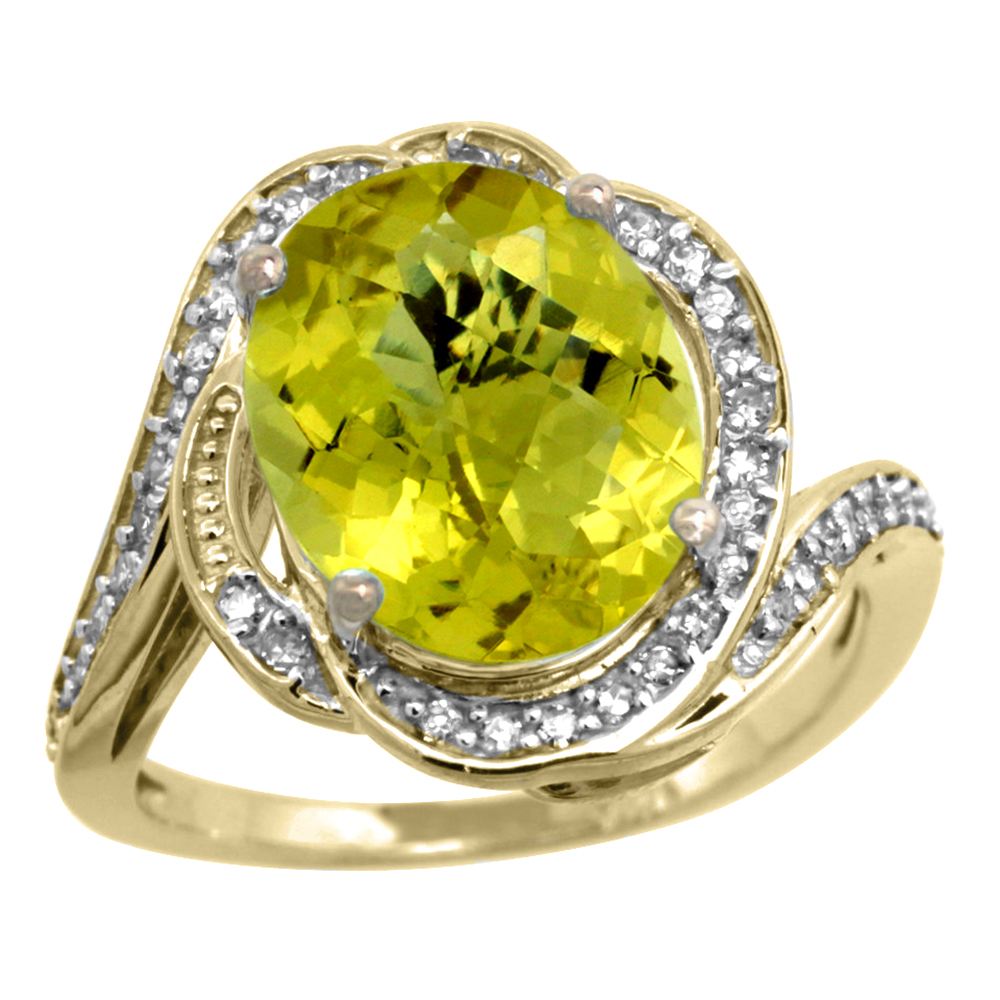 14k Yellow Gold Diamond 0.3ct Genuine Lemon Quartz Bypass Ring 12x10mm Oval 11/16 inch wide, size 5-10