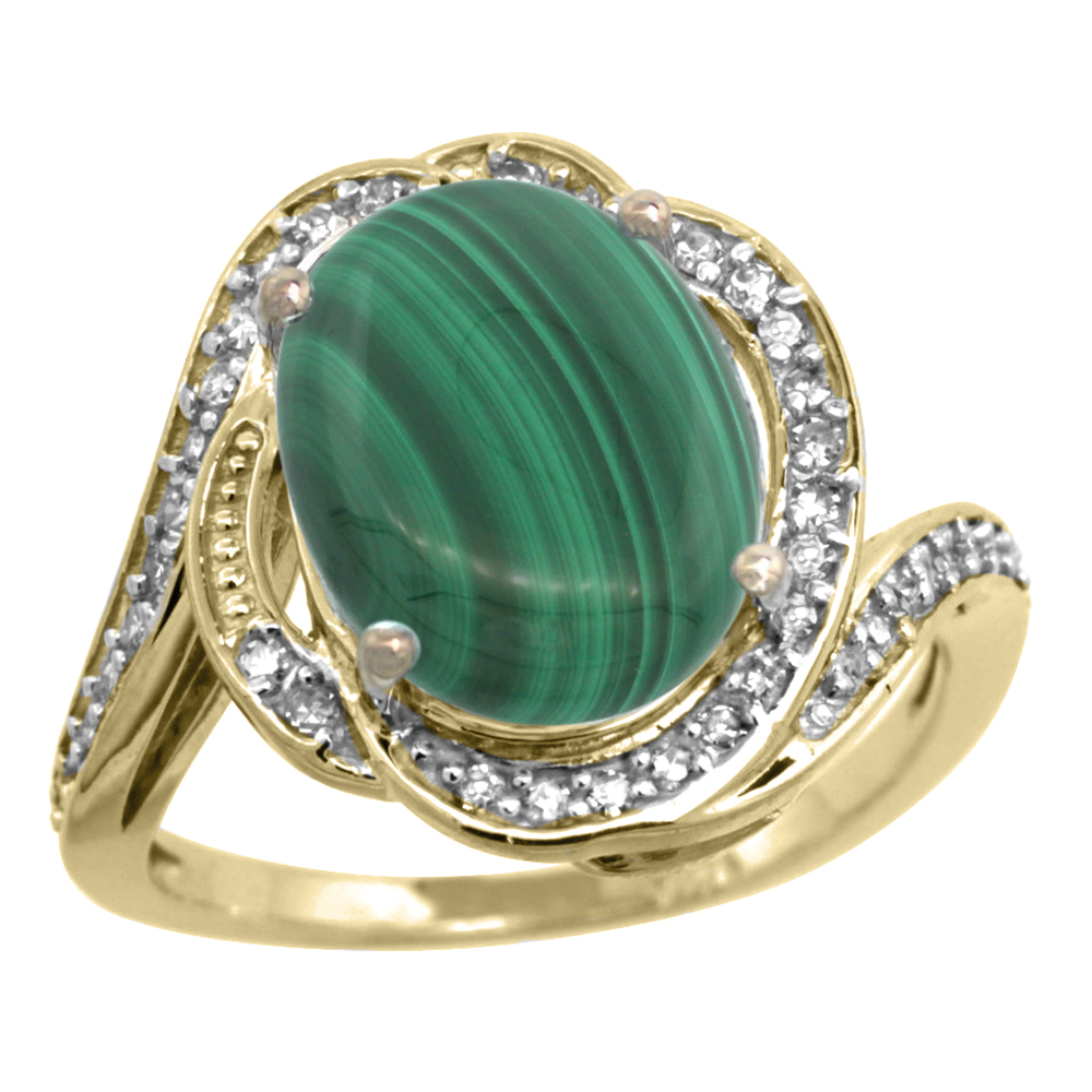 14k Yellow Gold Diamond 0.3ct Genuine Malachite Bypass Ring 12x10mm Oval 11/16 inch wide, size 5-10