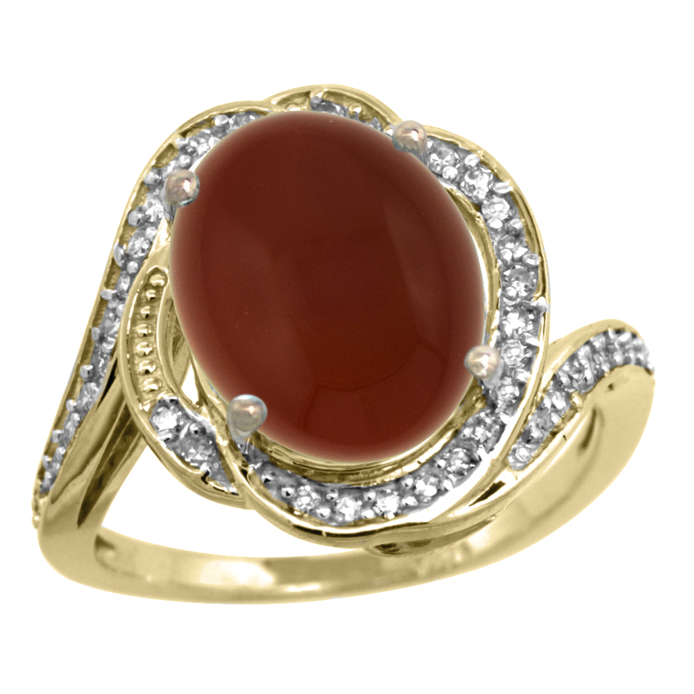 14k Yellow Gold Diamond 0.3ct Genuine Brown Agate Bypass Ring 12x10mm Oval 11/16 inch wide, size 5-10