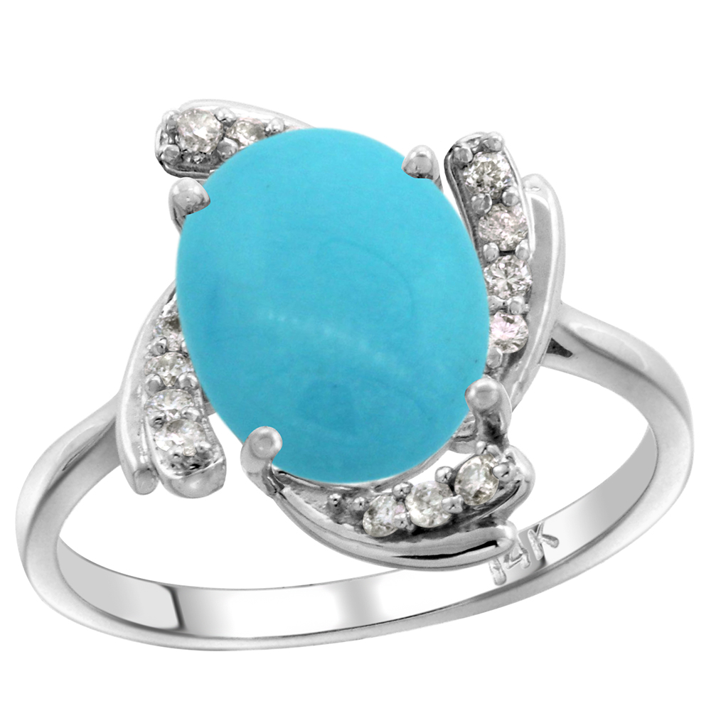 14k White Gold Diamond Genuine Turquoise Engagement Ring Swirl Cabochon Oval 10x8mm 0.15cttw, size 5