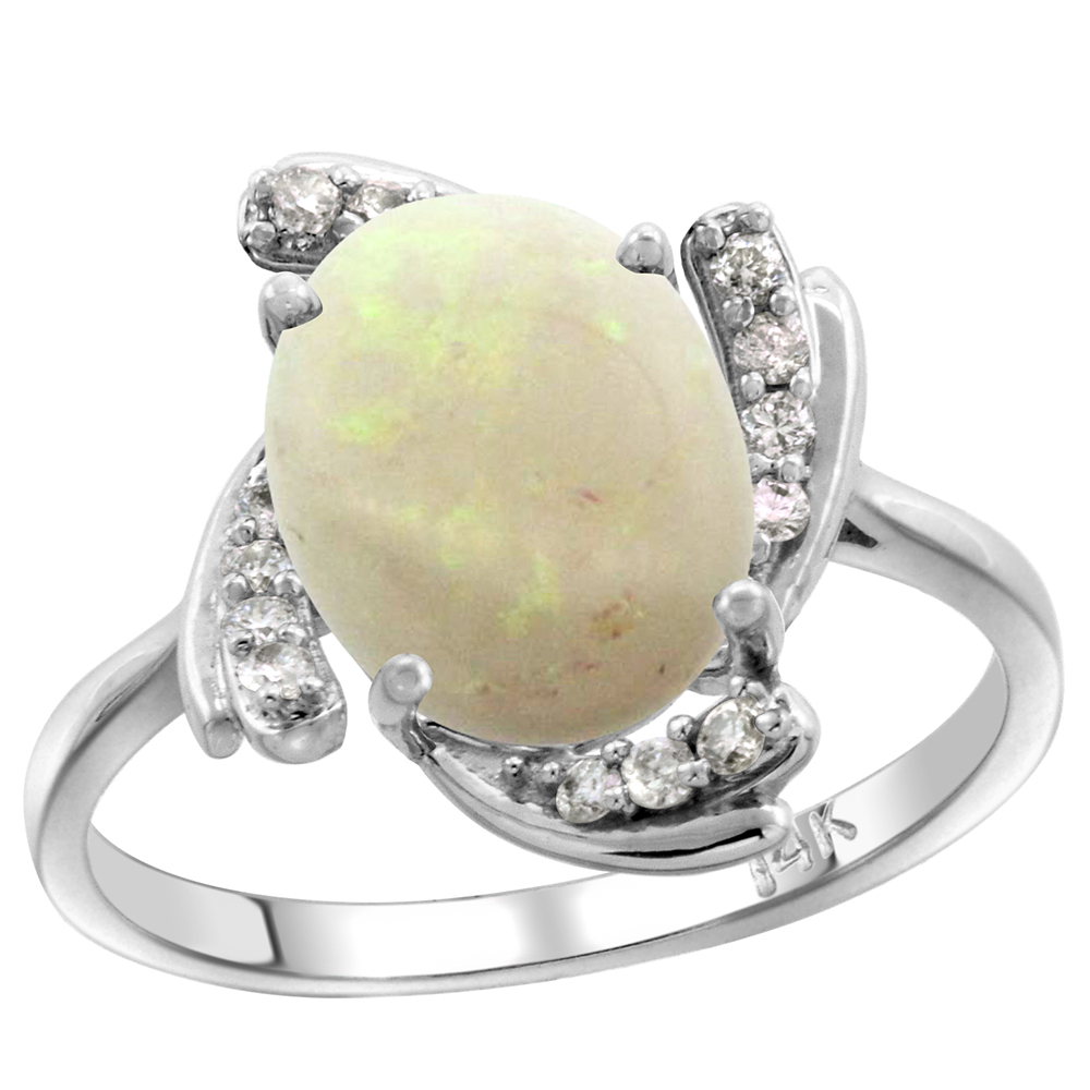 14k White Gold Diamond Genuine Opal Engagement Ring Swirl Cabochon Oval 10x8mm 0.15cttw, size 5