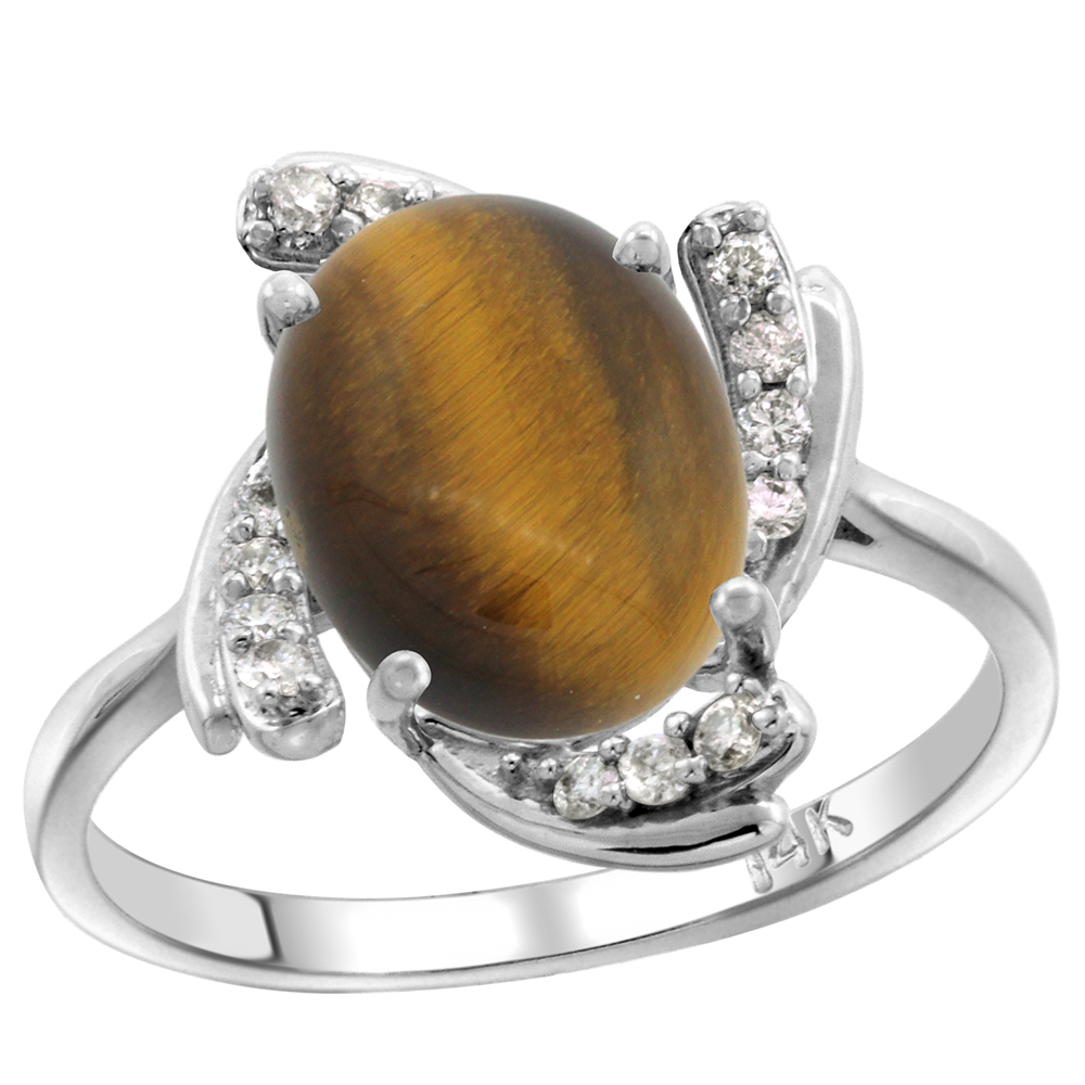 14k White Gold Diamond Genuine Tiger Eye Engagement Ring Swirl Cabochon Oval 10x8mm 0.15cttw, size 5