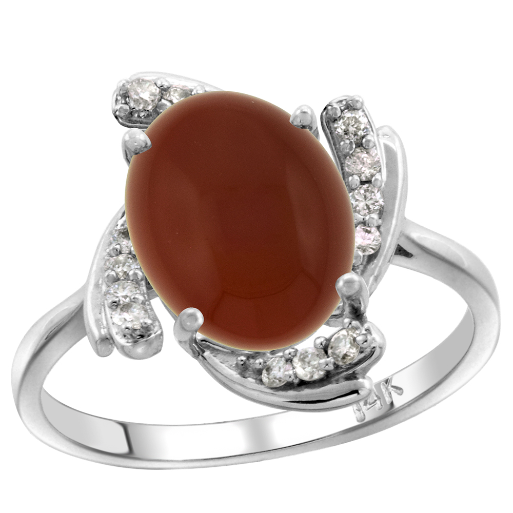14k White Gold Diamond Genuine Brown Agate Engagement Ring Swirl Cabochon Oval 10x8mm 0.15cttw, size 5