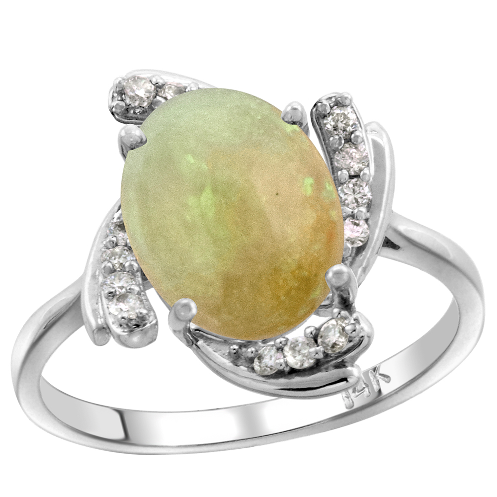 14k White Gold Diamond Genuine Ethiopian Opal Engagement Ring Swirl Cabochon Oval 10x8mm 0.15cttw, size 5