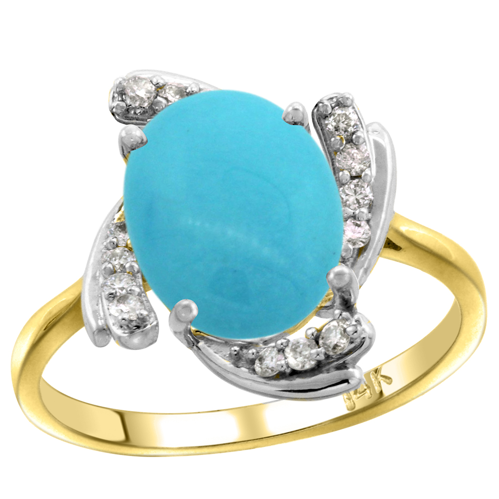 14k Yellow Gold Diamond Genuine Turquoise Engagement Ring Swirl Cabochon Oval 10x8mm 0.15cttw, size 5