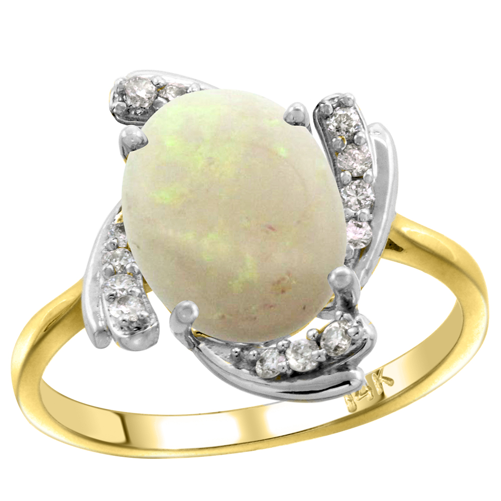 14k Yellow Gold Diamond Genuine Opal Engagement Ring Swirl Cabochon Oval 10x8mm 0.15cttw, size 5