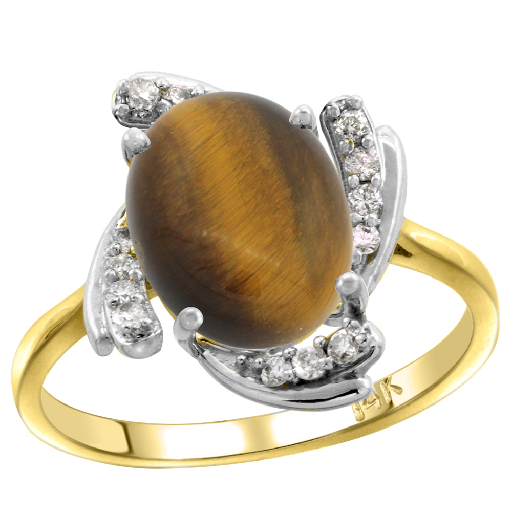 14k Yellow Gold Diamond Genuine Tiger Eye Engagement Ring Swirl Cabochon Oval 10x8mm 0.15cttw, size 5