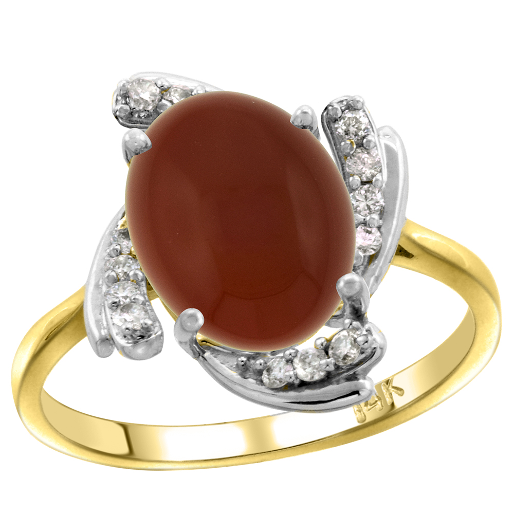 14k Yellow Gold Diamond Genuine Brown Agate Engagement Ring Swirl Cabochon Oval 10x8mm 0.15cttw, size 5