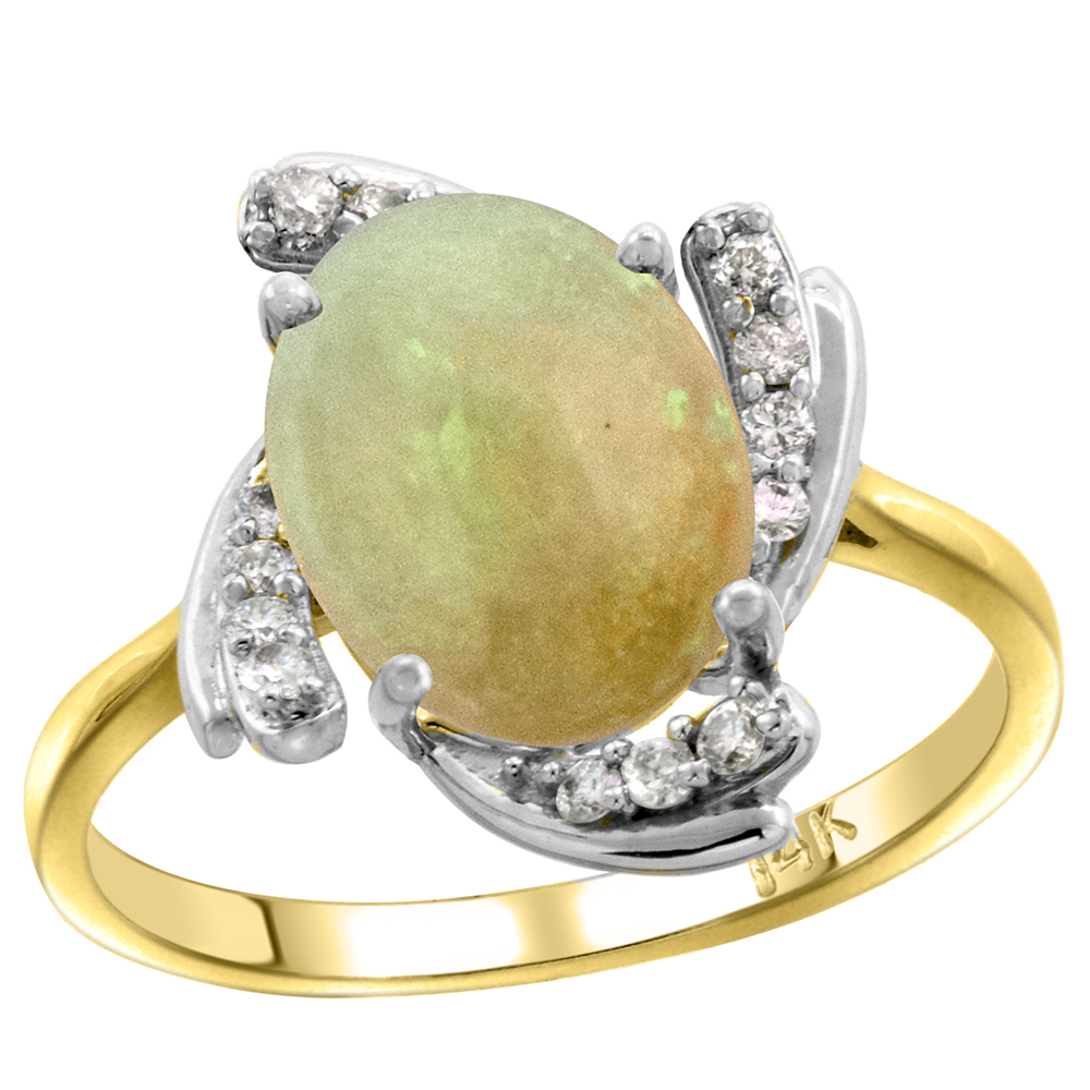 14k Yellow Gold Diamond Genuine Ethiopian Opal Engagement Ring Swirl Cabochon Oval 10x8mm 0.15cttw, size 5