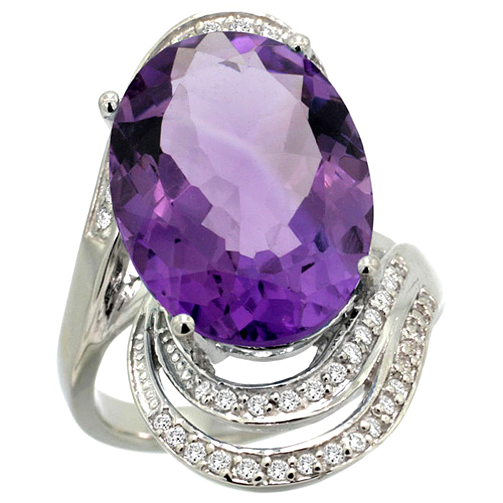 14k White Gold 0.19ct Diamond Genuine Amethyst Engagement Ring Oval 16x12mm 1 inch wide, size 5-10