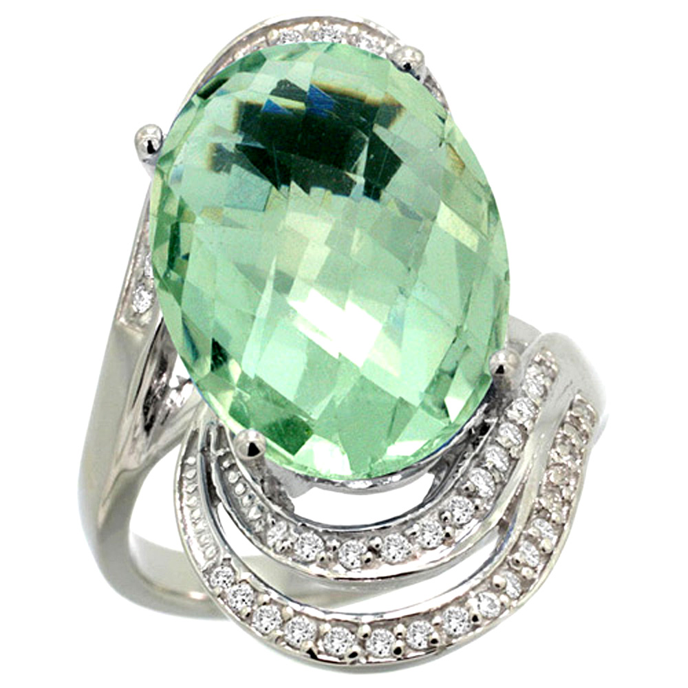 14k White Gold 0.19ct Diamond Genuine Green Amethyst Engagement Ring Oval 16x12mm 1 inch, size 5-10