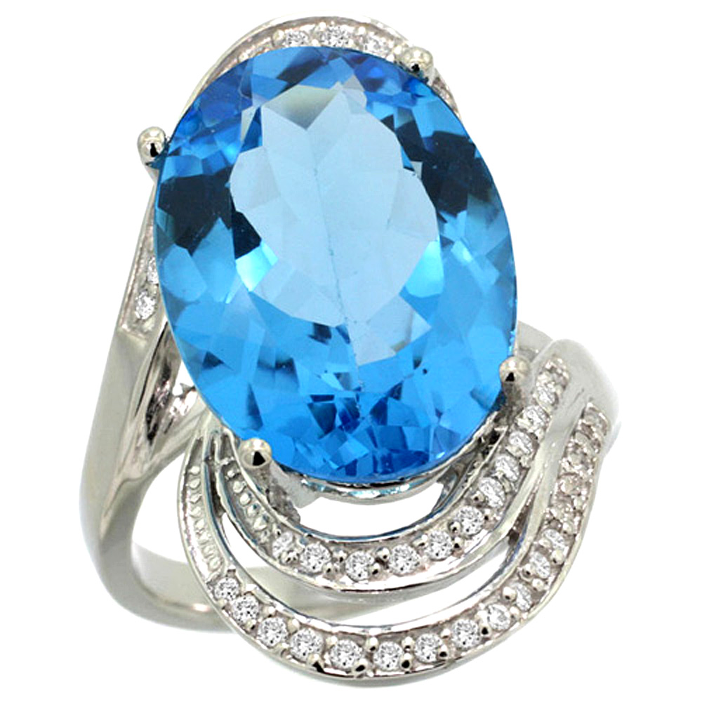 14k White Gold 0.19ct Diamond Genuine Swiss Blue Topaz Engagement Ring Oval 16x12mm 1 inch, size 5-10