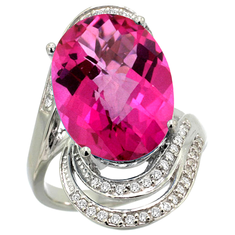 14k White Gold 0.19ct Diamond Genuine Pink Topaz Engagement Ring Oval 16x12mm 1 inch wide, size 5-10