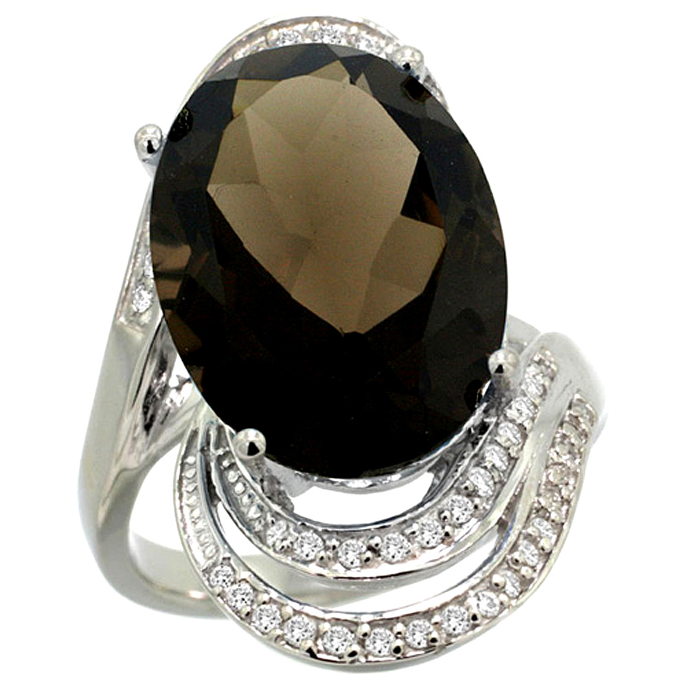 14k White Gold 0.19ct Diamond Genuine Smoky Topaz Engagement Ring Oval 16x12mm 1 inch wide, size 5-10