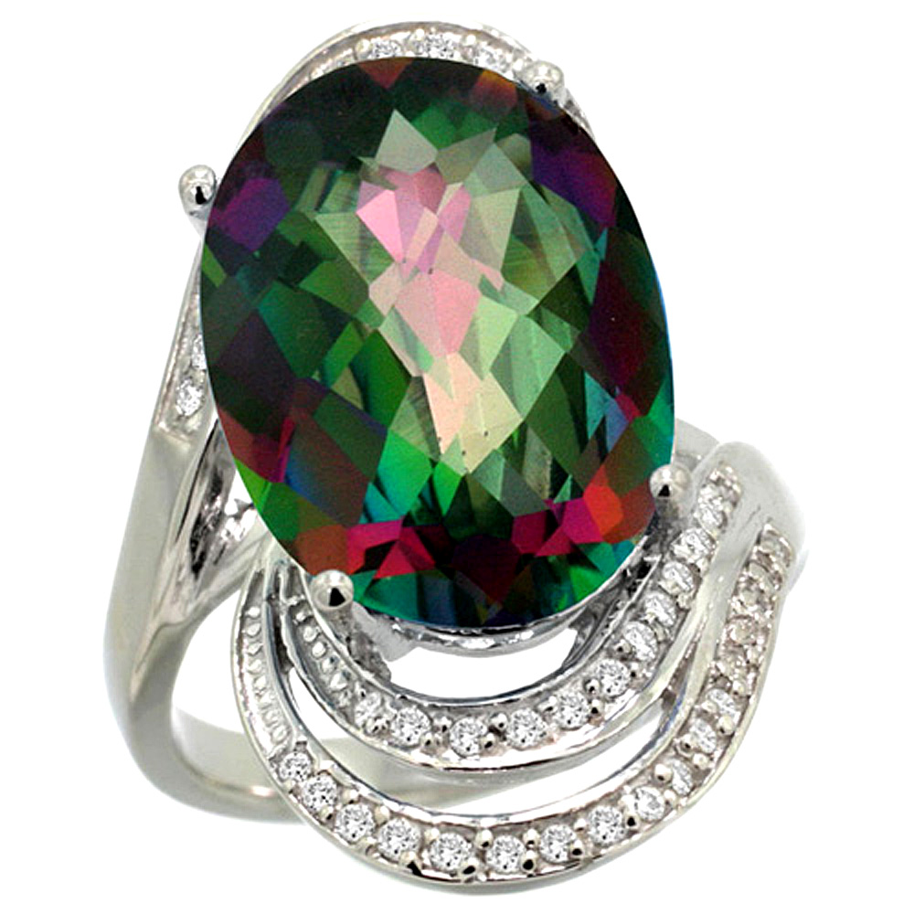 14k White Gold 0.19ct Diamond Genuine Mystic Topaz Engagement Ring Oval 16x12mm 1 inch wide, size 5-10