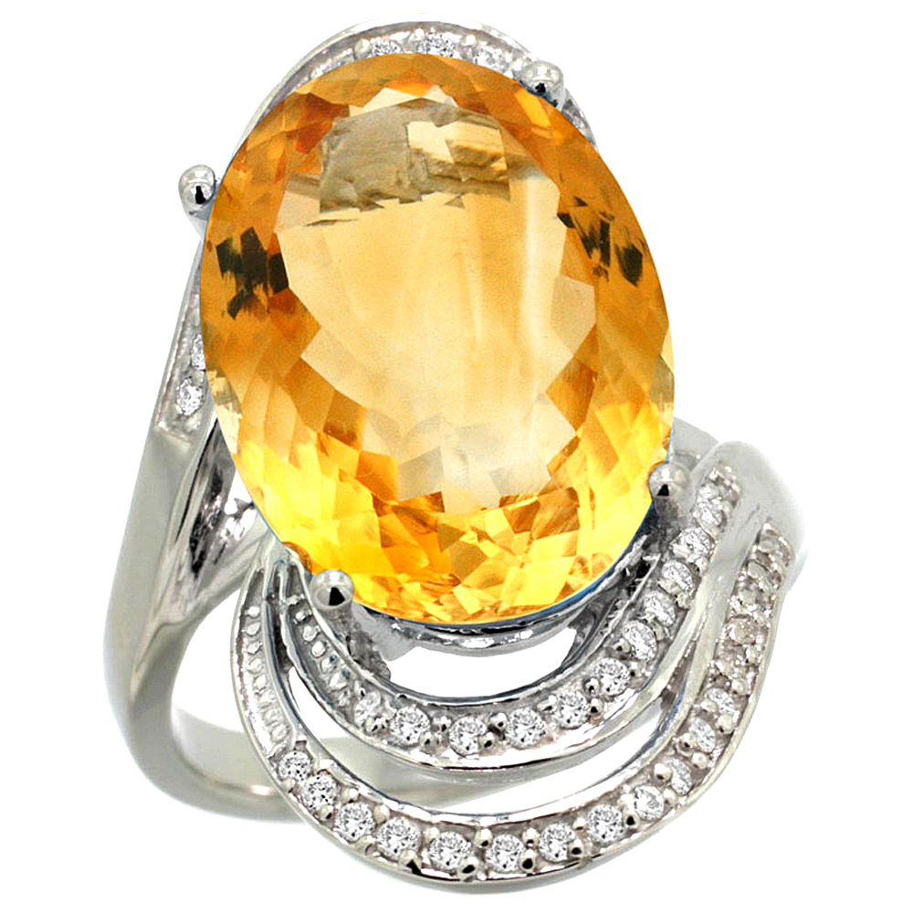 14k White Gold 0.19ct Diamond Genuine Citrine Engagement Ring Oval 16x12mm 1 inch wide, size 5-10