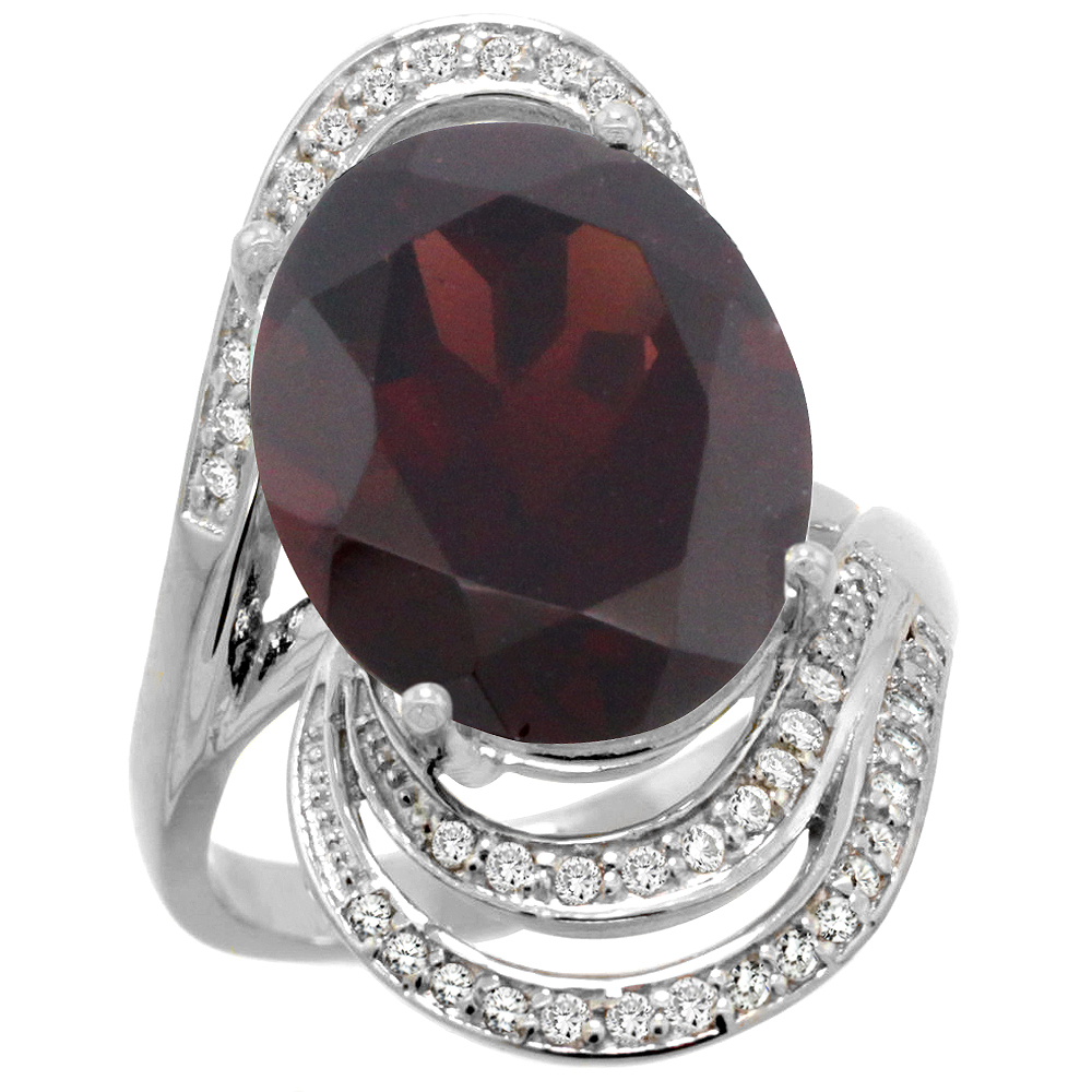 14k White Gold 0.19ct Diamond Genuine Garnet Engagement Ring Oval 16x12mm 1 inch wide, size 5-10