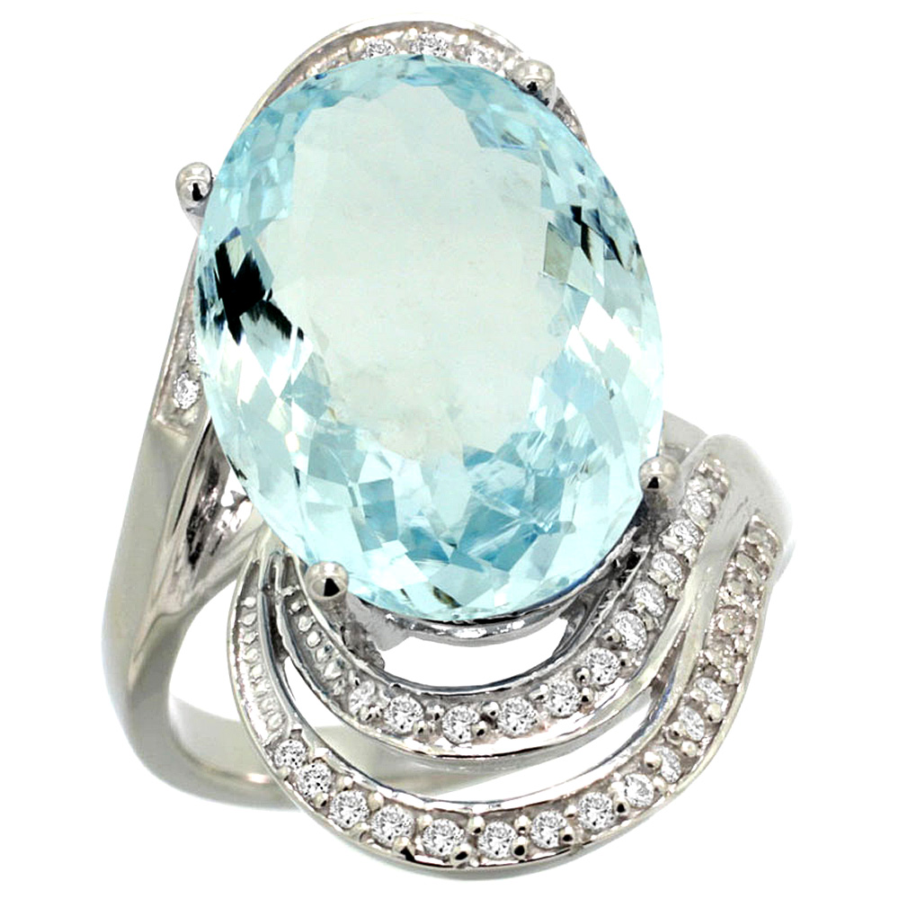 14k White Gold 0.19ct Diamond Genuine Aquamarine Engagement Ring Oval 16x12mm 1 inch wide, size 5-10