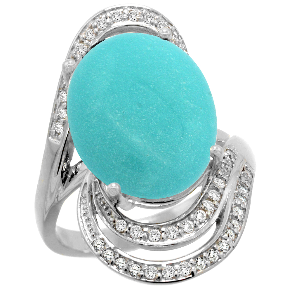 14k White Gold 0.19ct Diamond Genuine Turquoise Engagement Ring Oval 16x12mm 1 inch wide, size 5-10