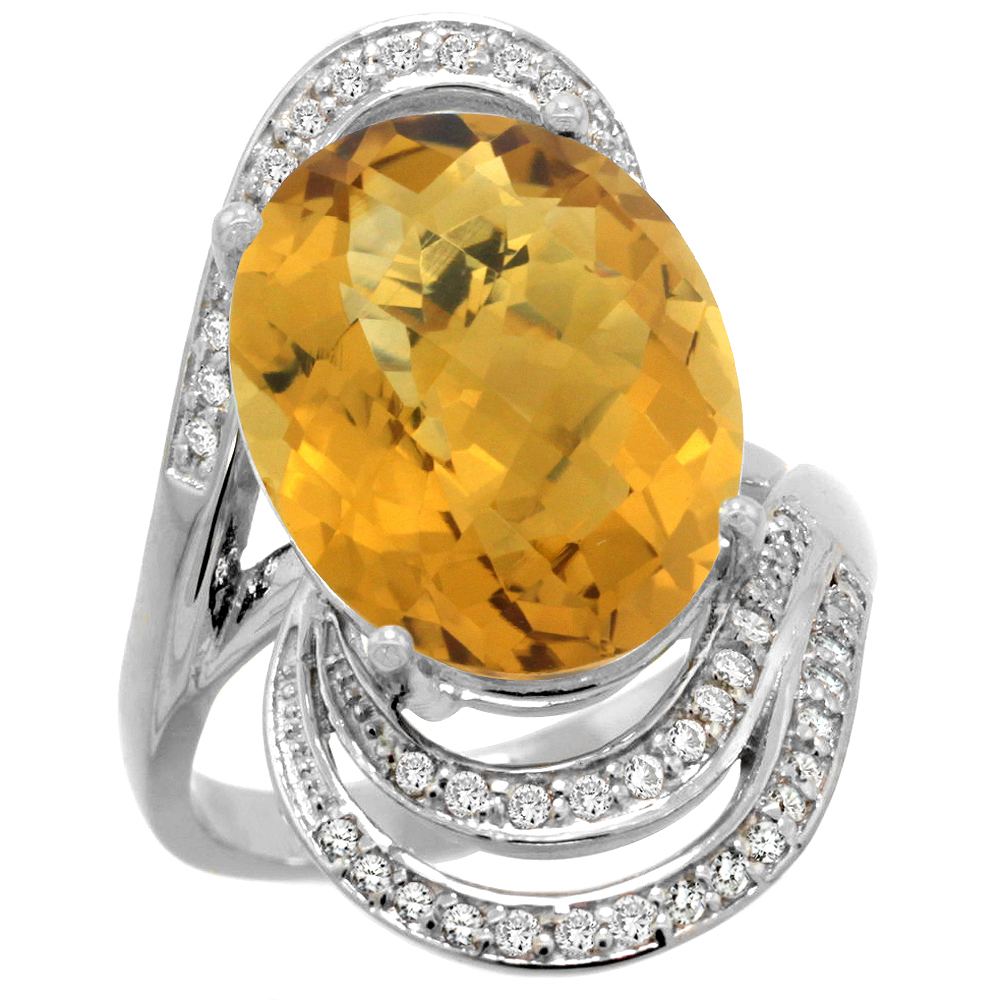 14k White Gold 0.19ct Diamond Genuine Whisky Quartz Engagement Ring Oval 16x12mm 1 inch, size 5-10