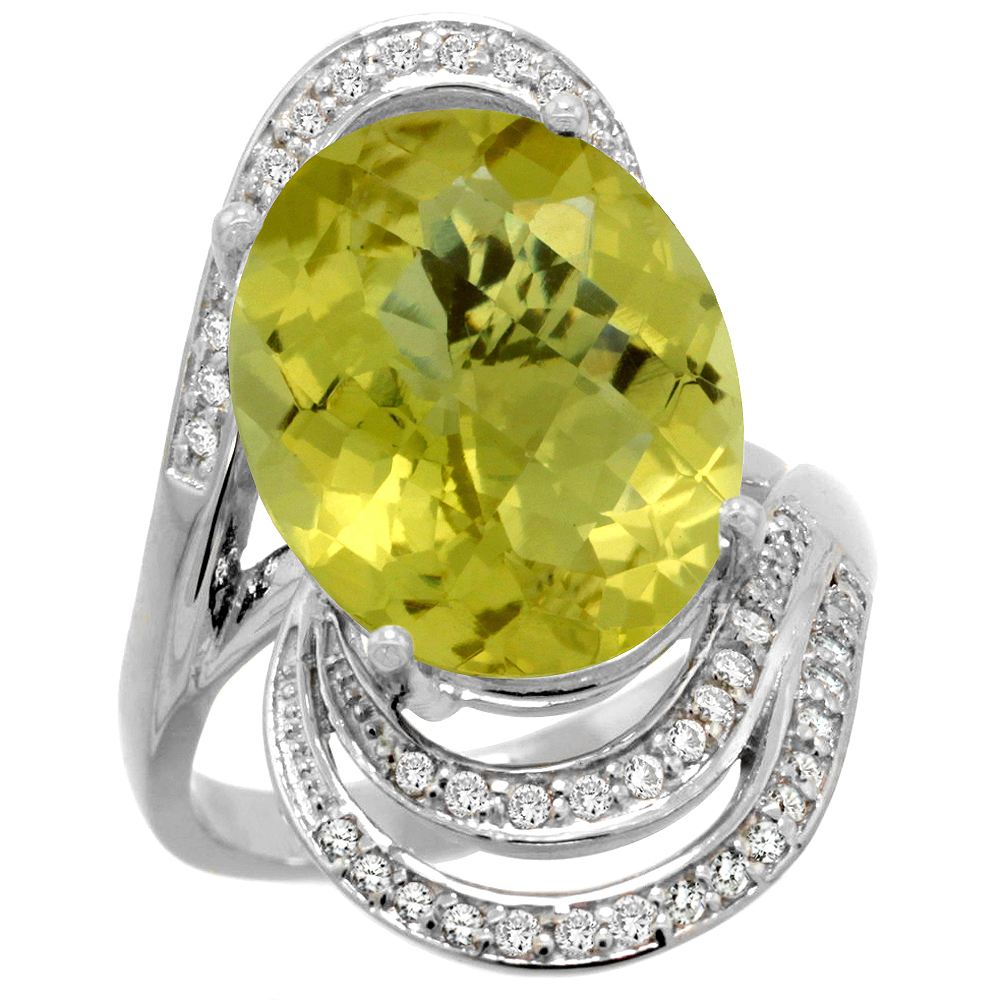 14k White Gold 0.19ct Diamond Genuine Lemon Quartz Engagement Ring Oval 16x12mm 1 inch wide, size 5-10