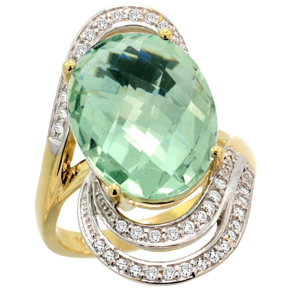 14k Yellow Gold 0.19ct Diamond Genuine Green Amethyst Engagement Ring Oval 16x12mm 1 inch, size 5-10