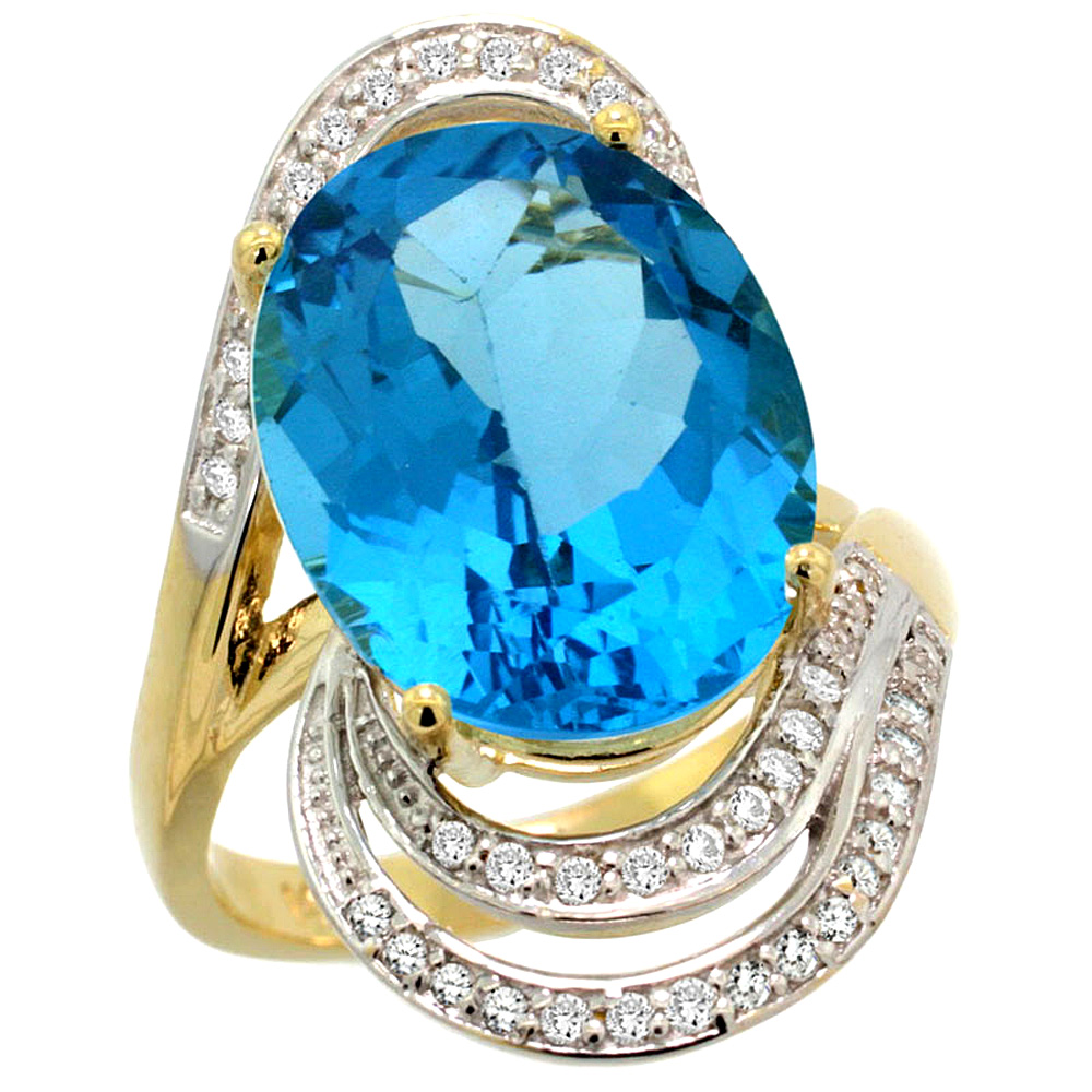 14k Yellow Gold 0.19ct Diamond Genuine Swiss Blue Topaz Engagement Ring Oval 16x12mm 1 inch, size 5-10