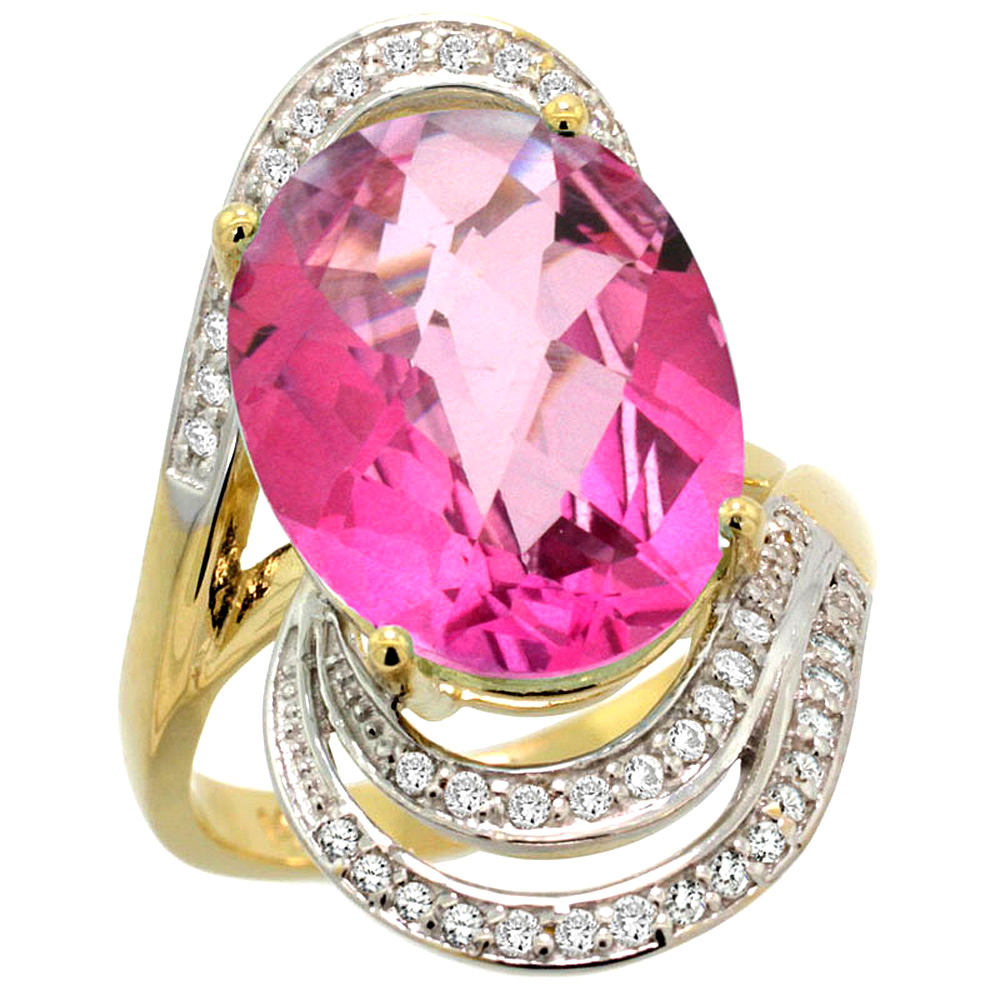 14k Yellow Gold 0.19ct Diamond Genuine Pink Topaz Engagement Ring Oval 16x12mm 1 inch wide, size 5-10