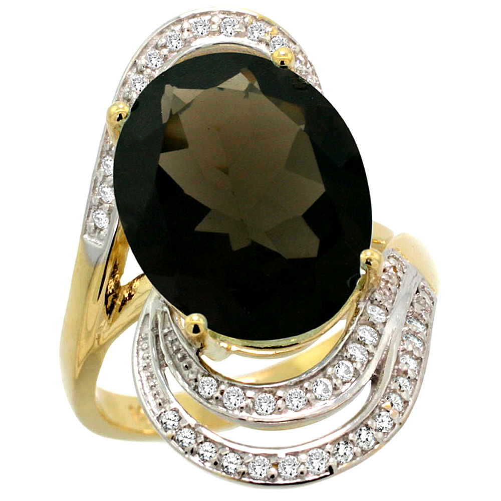 14k Yellow Gold 0.19ct Diamond Genuine Smoky Topaz Engagement Ring Oval 16x12mm 1 inch wide, size 5-10