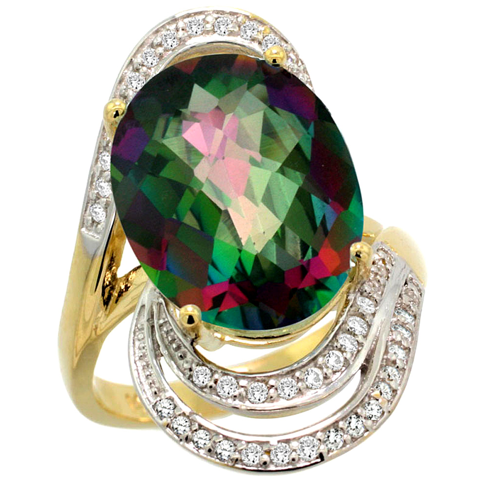 14k Yellow Gold 0.19ct Diamond Genuine Mystic Topaz Engagement Ring Oval 16x12mm 1 inch wide, size 5-10