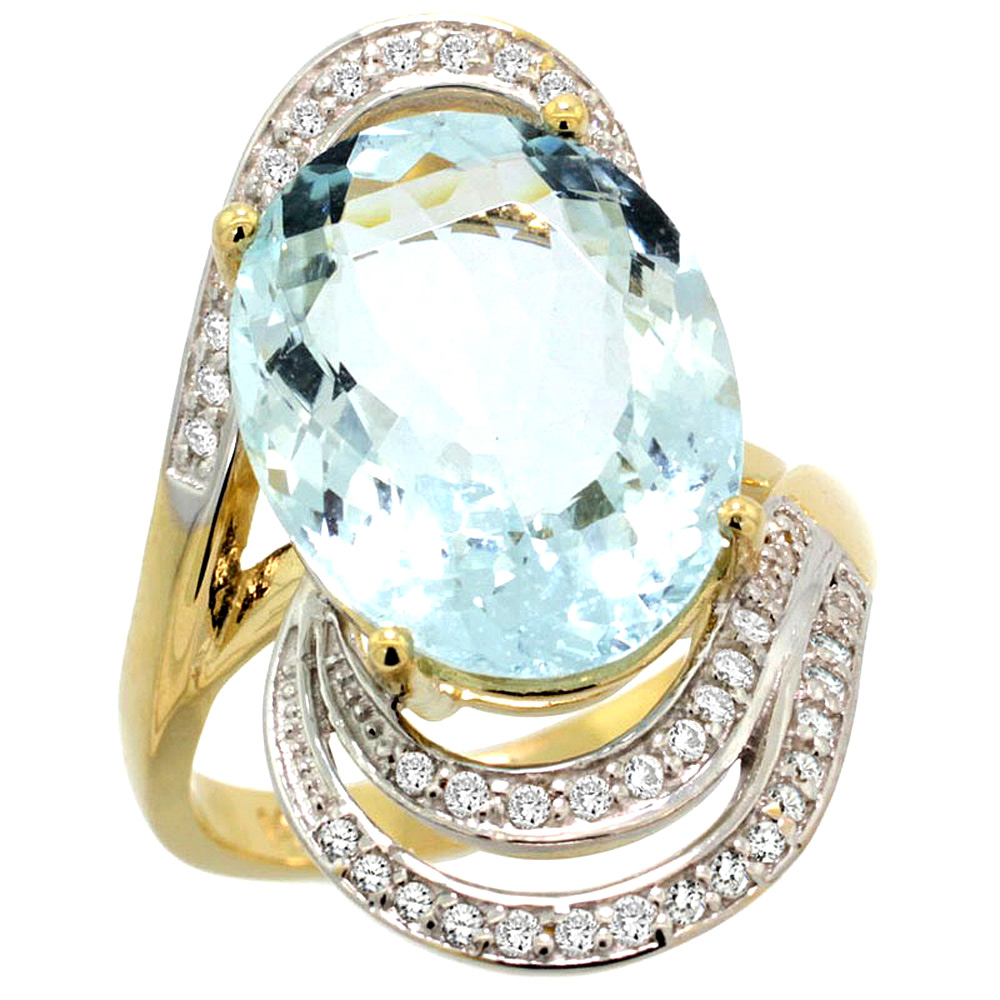 14k Yellow Gold 0.19ct Diamond Genuine Aquamarine Engagement Ring Oval 16x12mm 1 inch wide, size 5-10