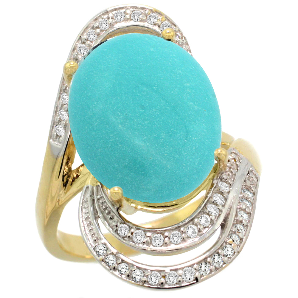 14k Yellow Gold 0.19ct Diamond Genuine Turquoise Engagement Ring Oval 16x12mm 1 inch wide, size 5-10