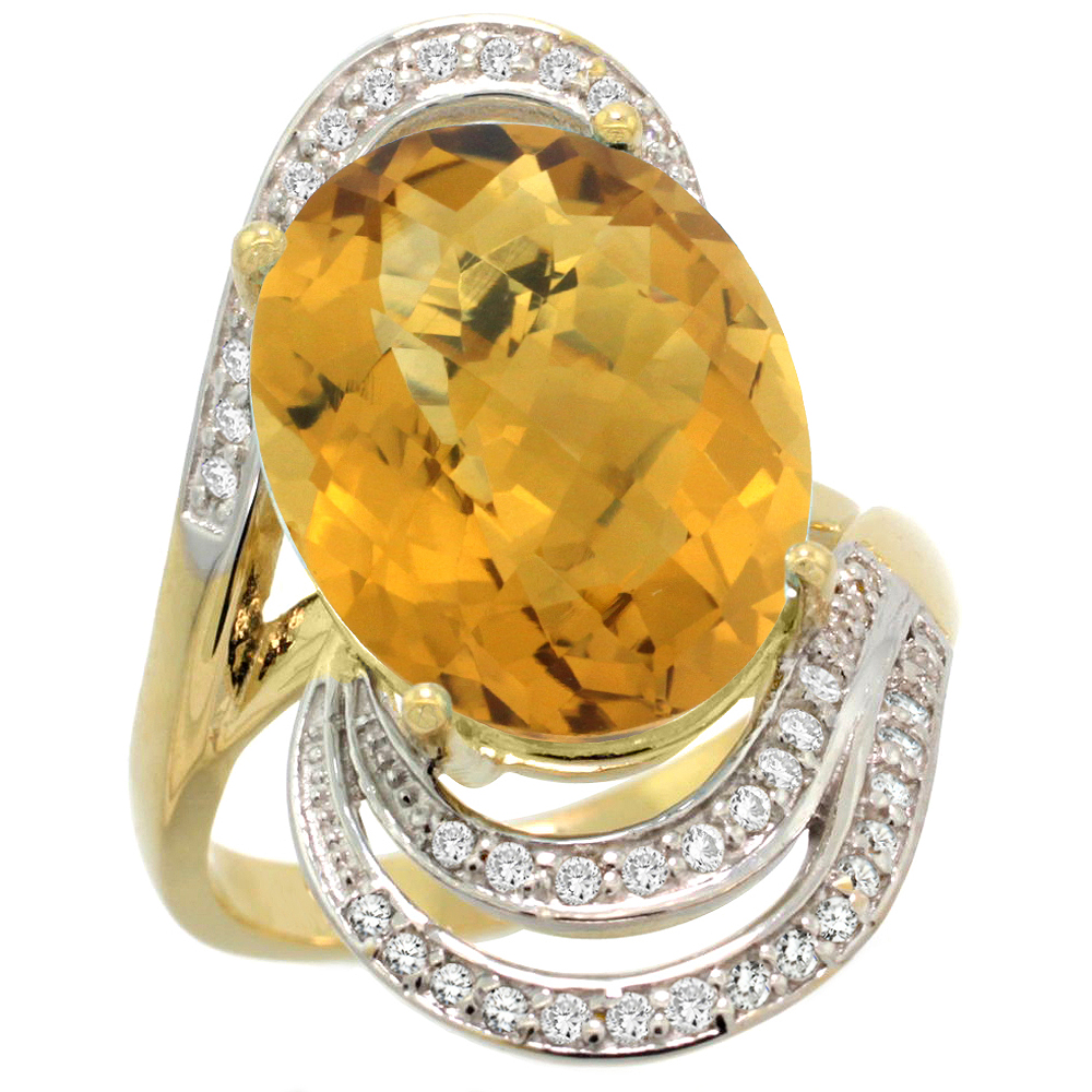 14k Yellow Gold 0.19ct Diamond Genuine Whisky Quartz Engagement Ring Oval 16x12mm 1 inch, size 5-10